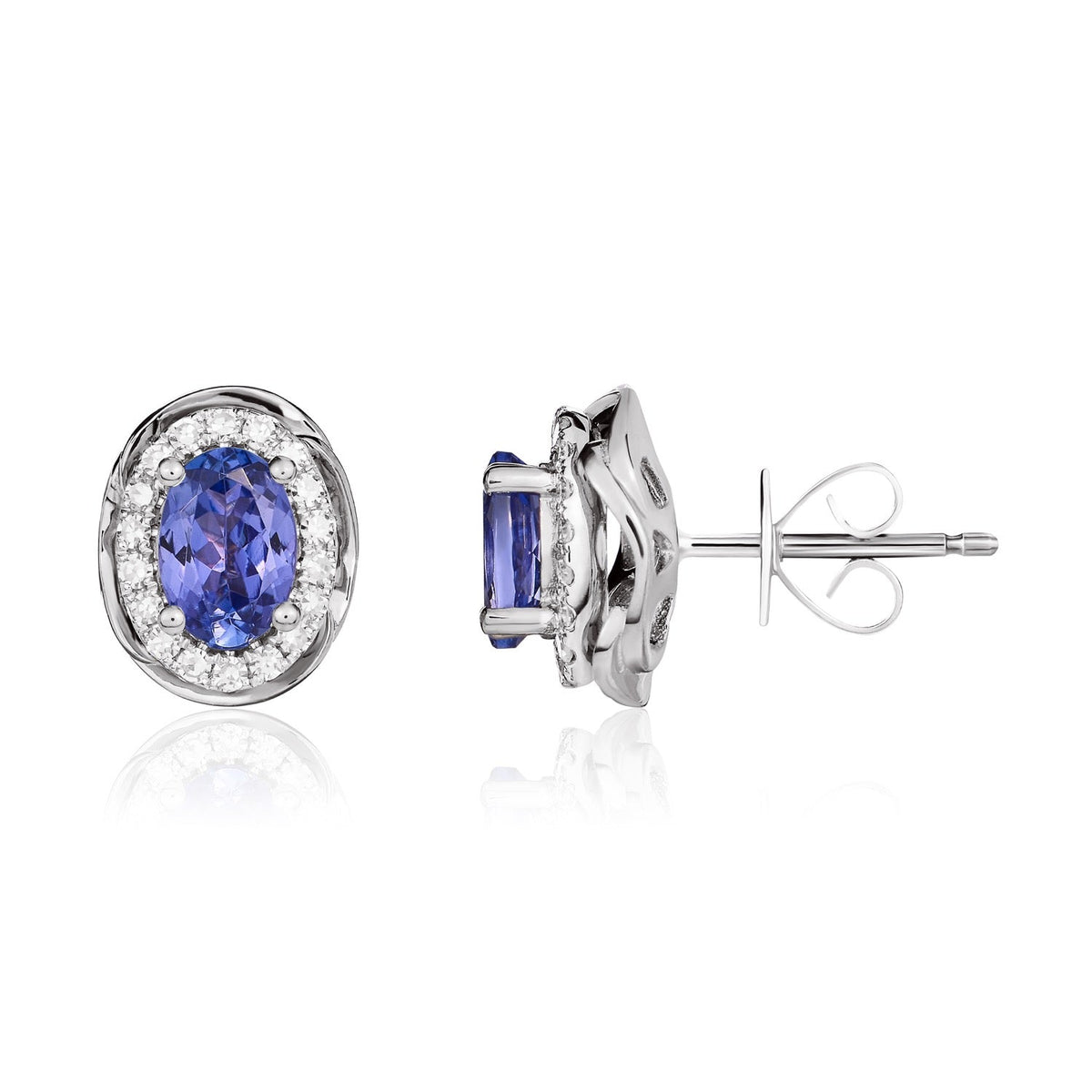 9ct White Gold Oval Natural Tanzanite & Diamond Rope Edge Cluster Stud Earrings — 6x4mm