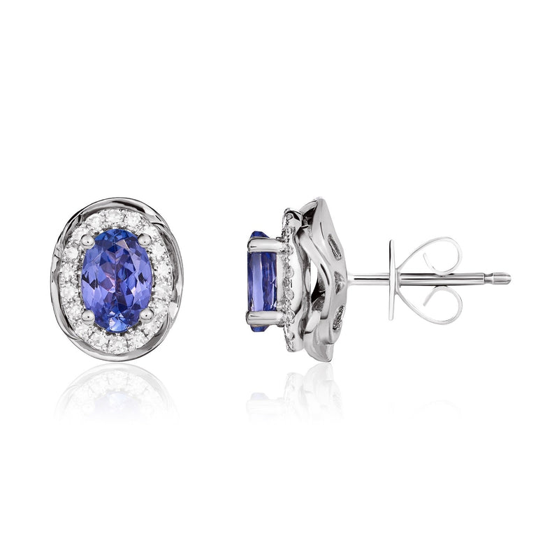 9ct White Gold Oval Natural Tanzanite & Diamond Rope Edge Cluster Stud Earrings — 6x4mm