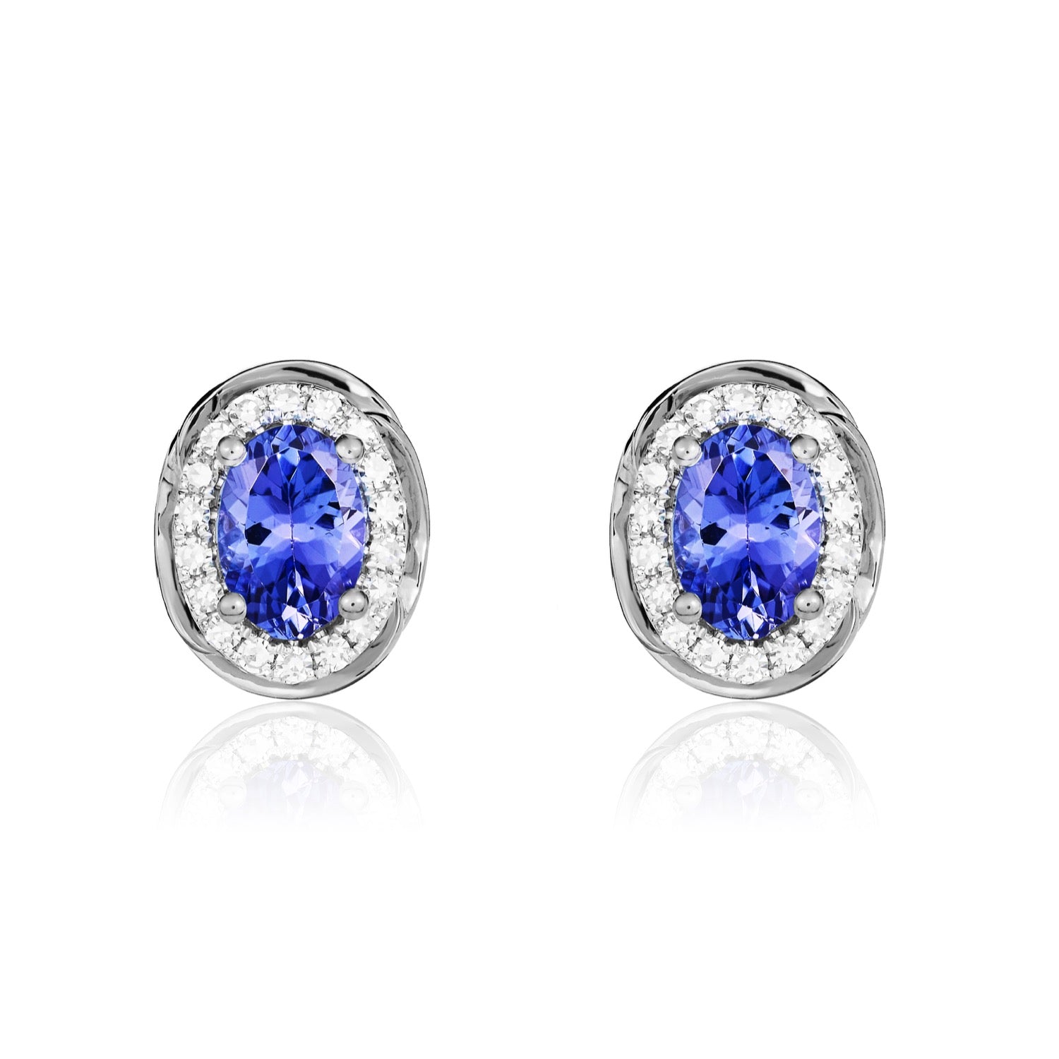 9ct White Gold Oval Natural Tanzanite and Diamond Cluster Earrings — 7x5mm
