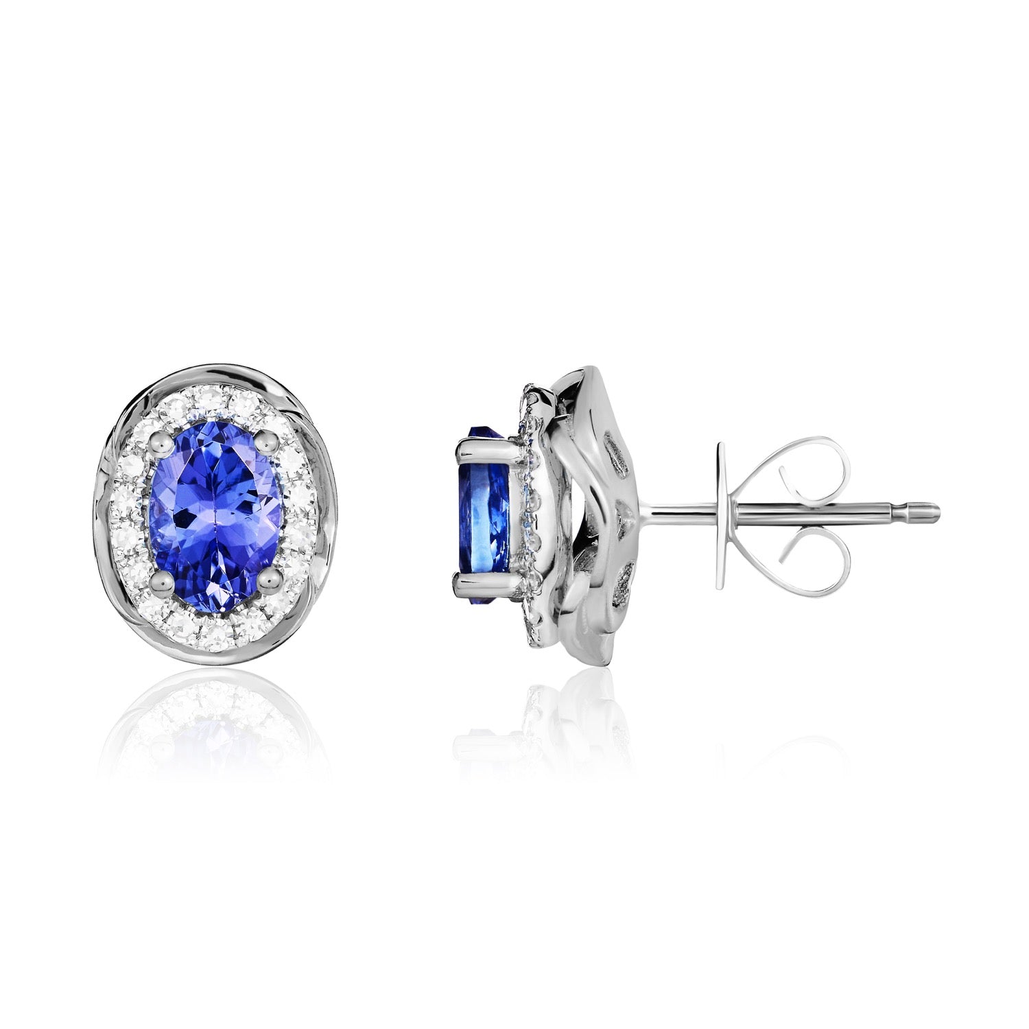 9ct White Gold Oval Natural Tanzanite and Diamond Cluster Earrings — 7x5mm
