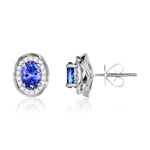 9ct White Gold Oval Natural Tanzanite & Diamond Rope Edge Cluster Stud Earrings — 7x5mm
