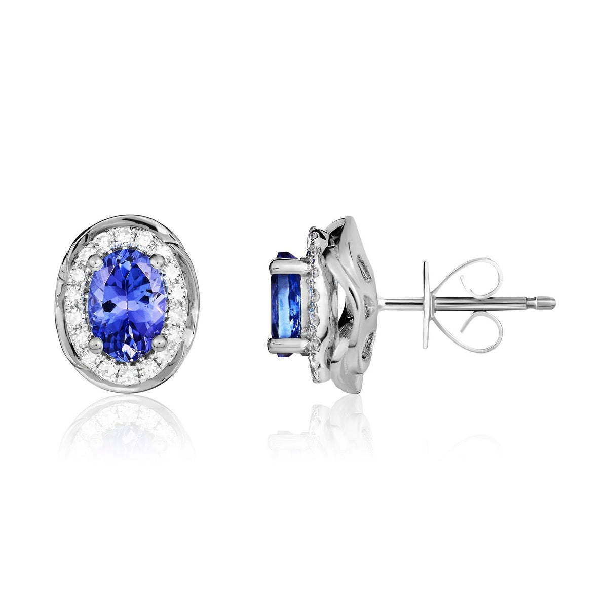 9ct White Gold Oval Natural Tanzanite & Diamond Rope Edge Cluster Stud Earrings — 7x5mm