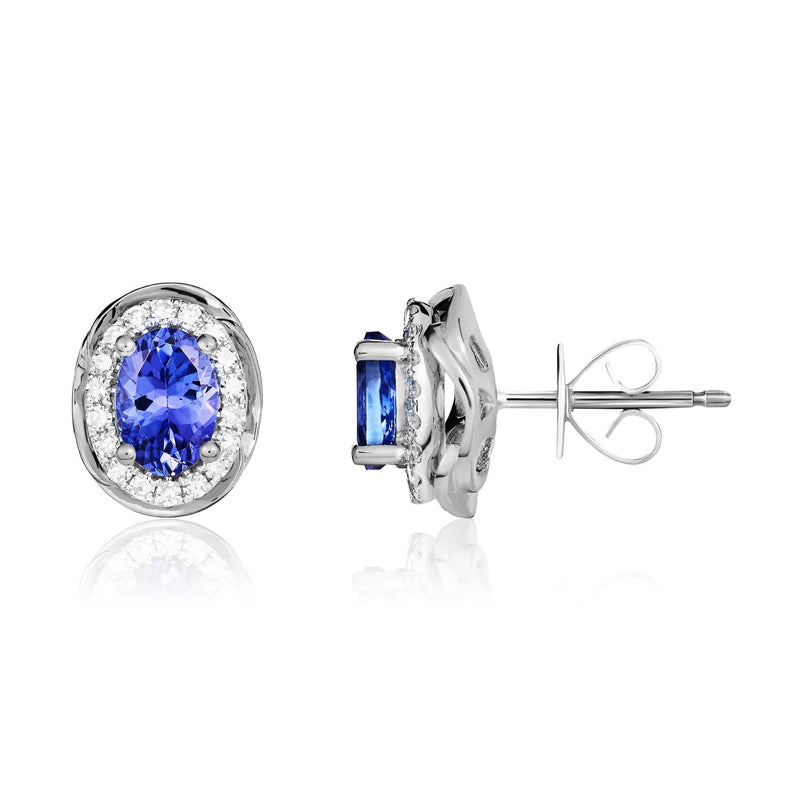 9ct White Gold Oval Natural Tanzanite & Diamond Rope Edge Cluster Stud Earrings — 7x5mm