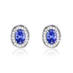 9ct White Gold Oval Natural Tanzanite & Diamond Rope Edge Cluster Stud Earrings — 7x5mm