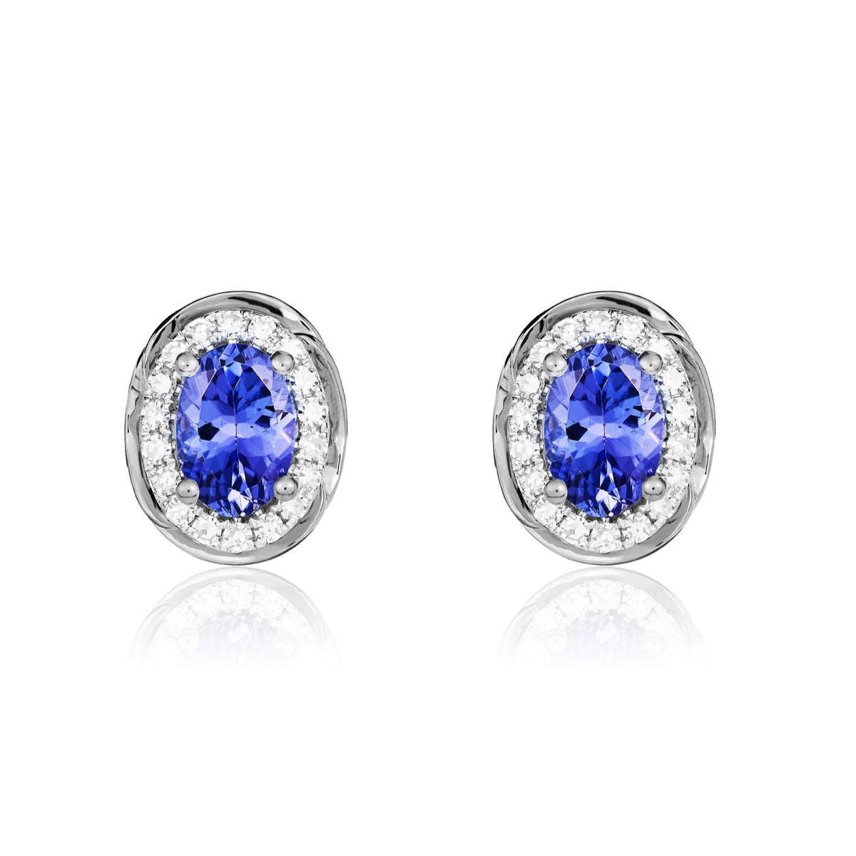 9ct White Gold Oval Natural Tanzanite & Diamond Rope Edge Cluster Stud Earrings — 7x5mm