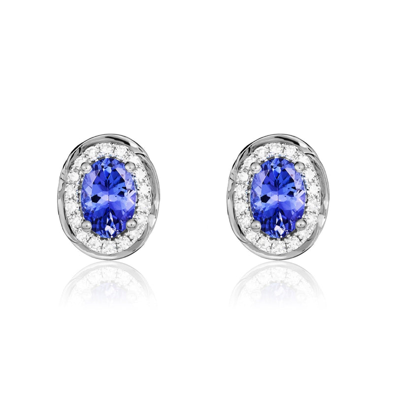 9ct White Gold Oval Natural Tanzanite & Diamond Rope Edge Cluster Stud Earrings — 7x5mm