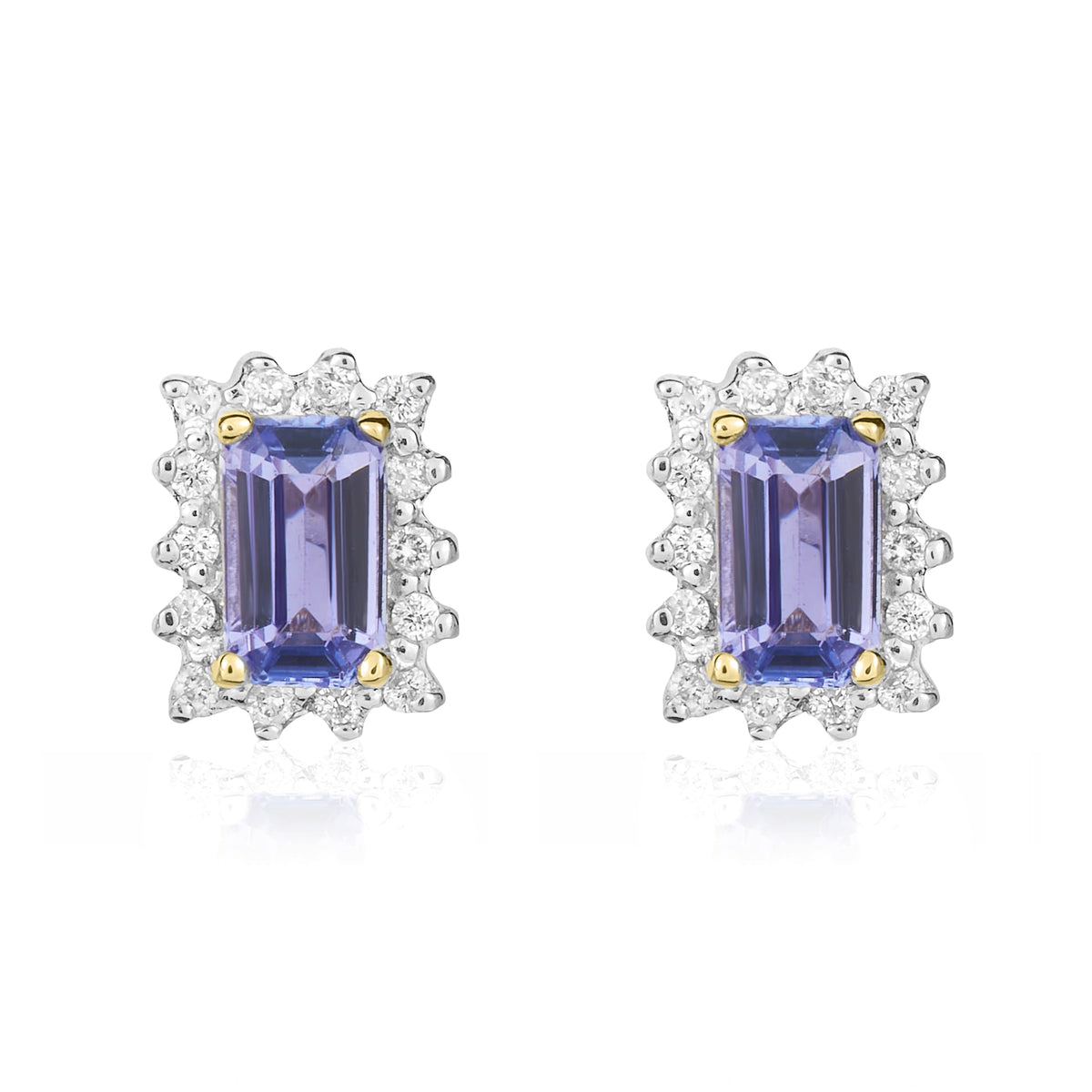 9ct Yellow Gold Octagonal Natural Tanzanite & Diamond Cluster Stud Earrings — 5x3mm