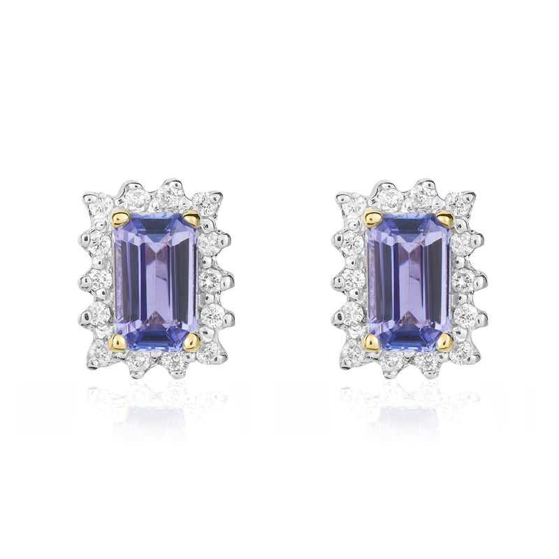 9ct Yellow Gold Octagonal Natural Tanzanite & Diamond Cluster Stud Earrings — 5x3mm