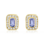 9ct Yellow Gold Octagonal Natural Tanzanite & Diamond Claw Set Cluster Stud Earrings — 5x3mm