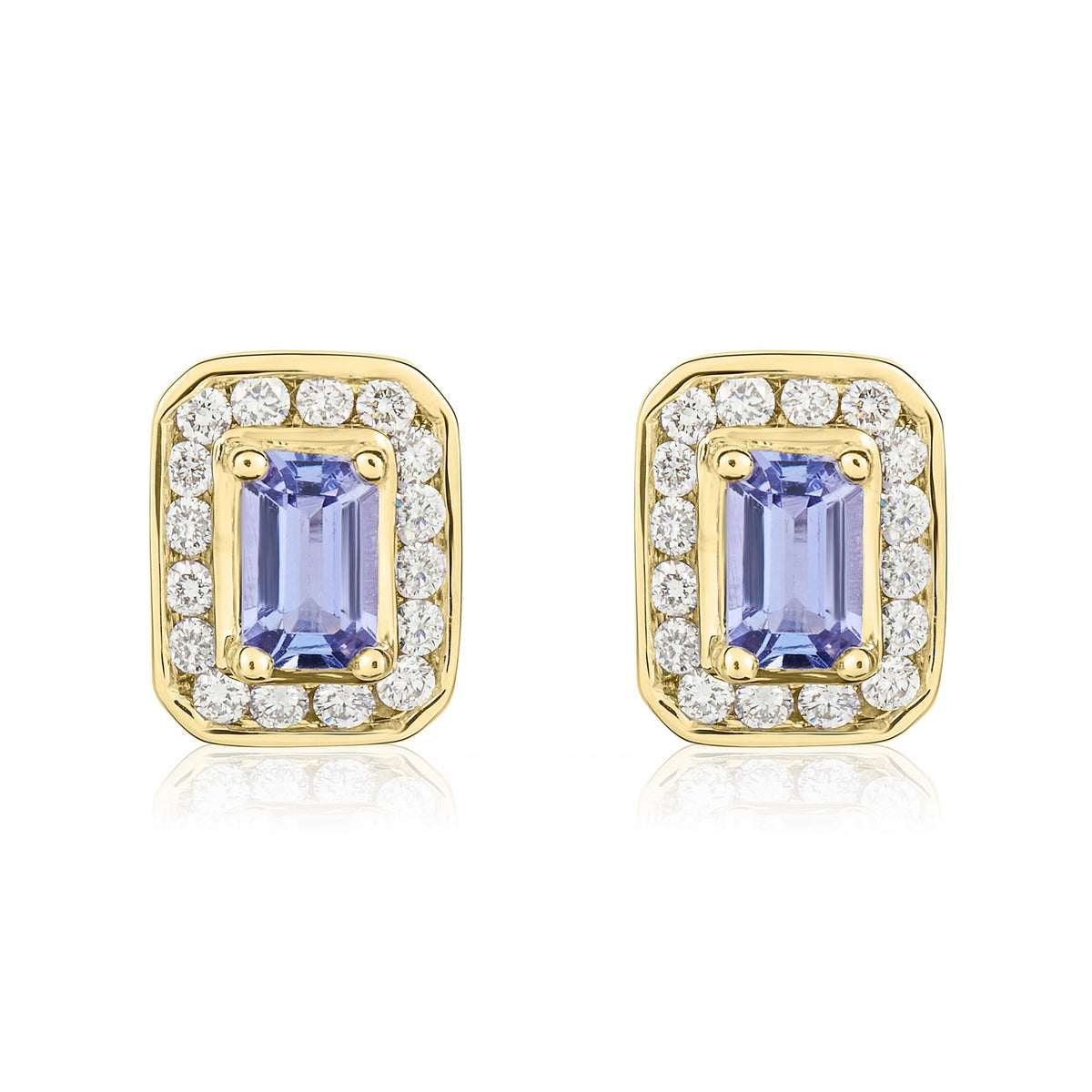 9ct Yellow Gold Octagonal Natural Tanzanite & Diamond Claw Set Cluster Stud Earrings — 5x3mm
