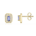 9ct Yellow Gold Octagonal Natural Tanzanite & Diamond Claw Set Cluster Stud Earrings — 5x3mm