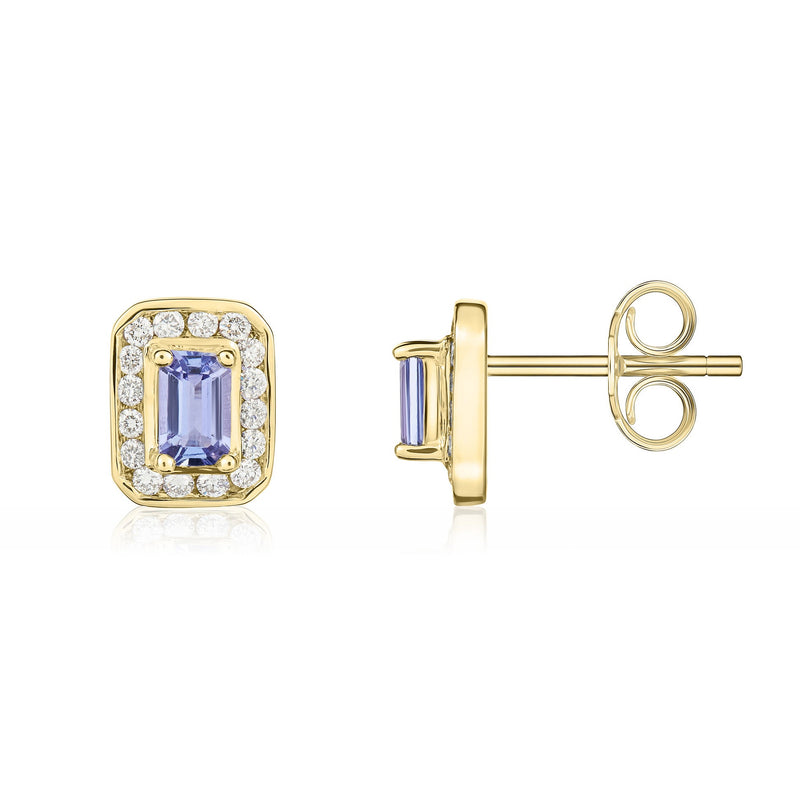 9ct Yellow Gold Octagonal Natural Tanzanite & Diamond Claw Set Cluster Stud Earrings — 5x3mm