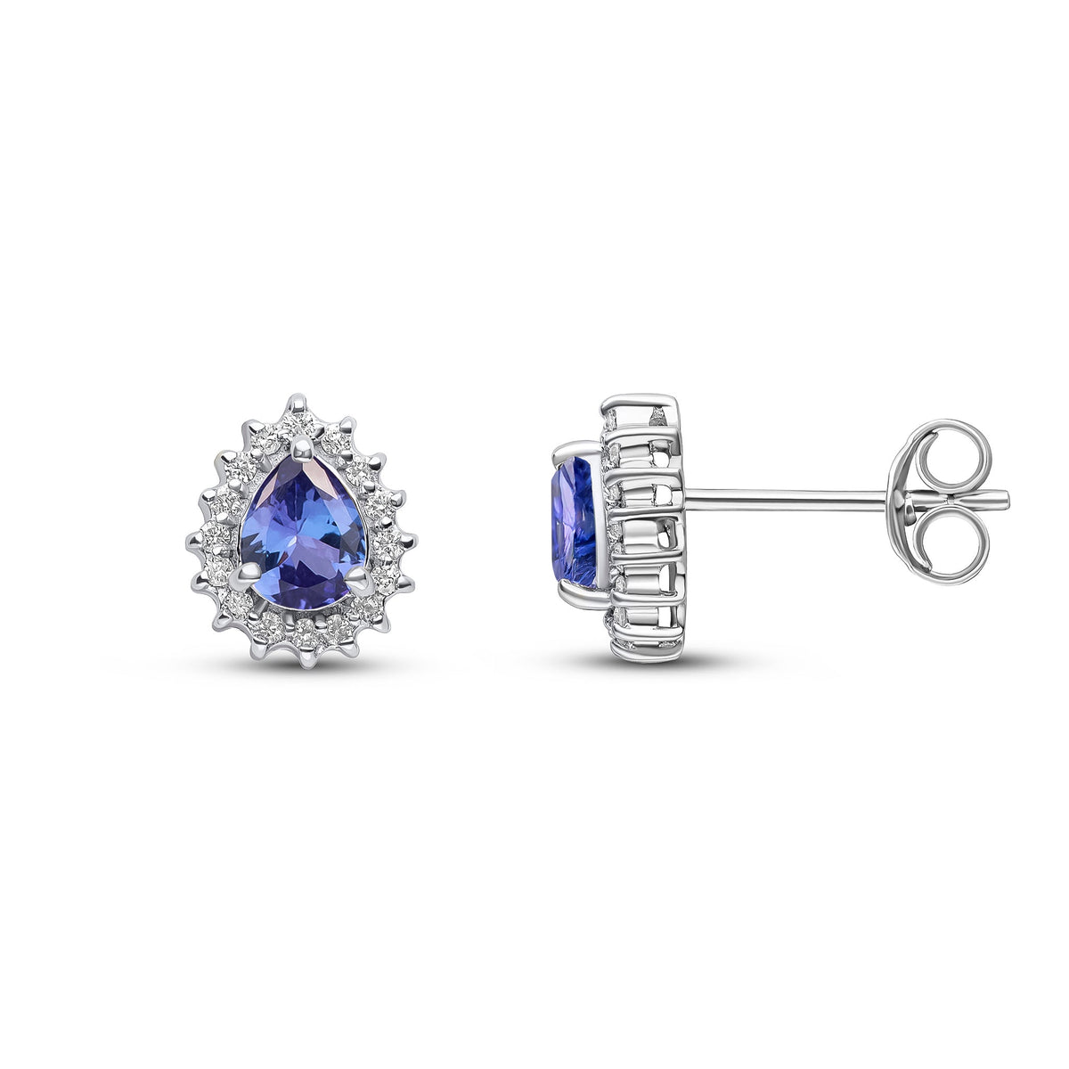9ct White Gold Pear Shaped Natural Tanzanite & Diamond Claw Set Cluster Stud Earrings — 5x4mm