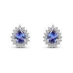 9ct White Gold Pear Shaped Natural Tanzanite & Diamond Claw Set Cluster Stud Earrings — 5x4mm