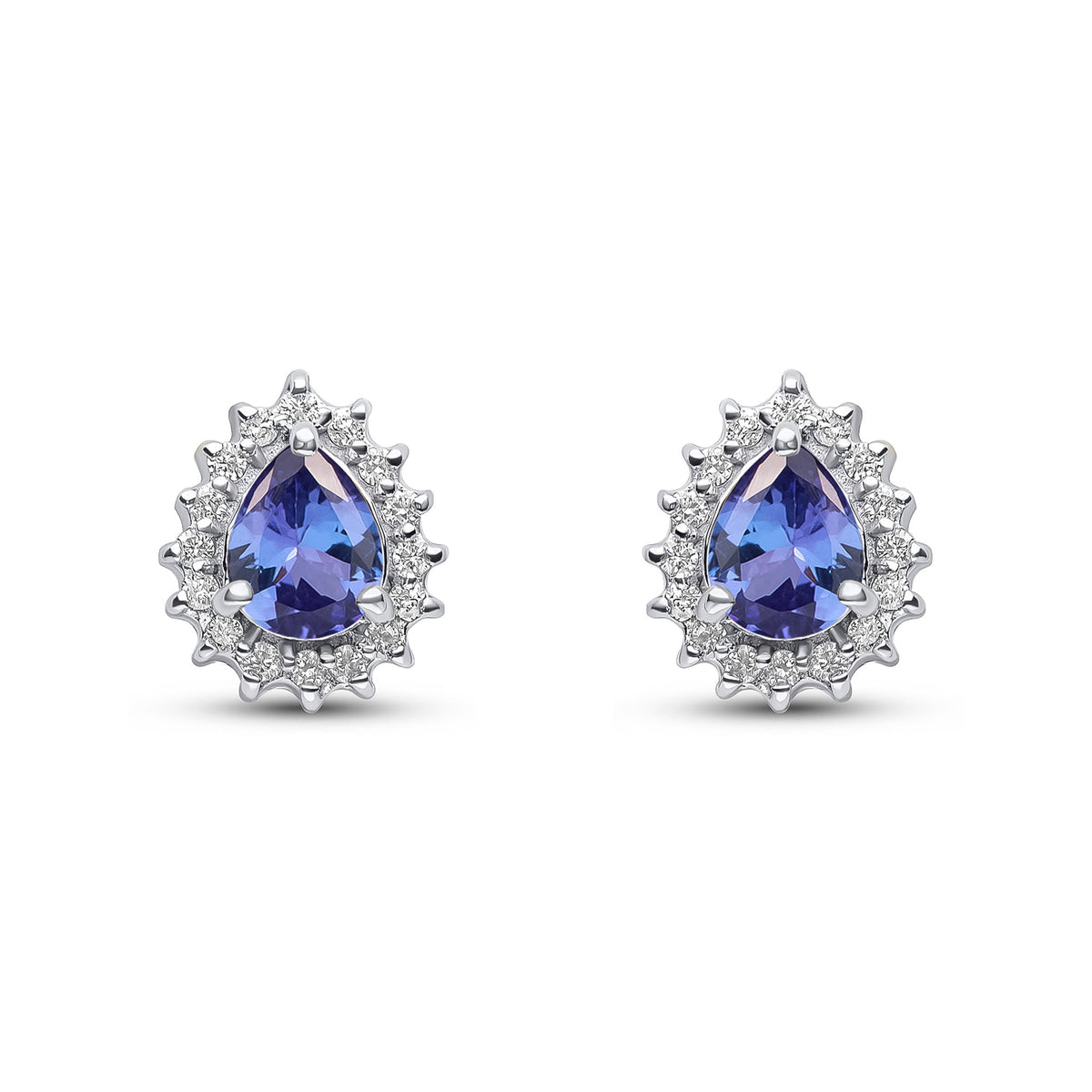 9ct White Gold Pear Shaped Natural Tanzanite & Diamond Claw Set Cluster Stud Earrings — 5x4mm