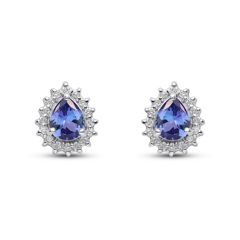 9ct White Gold Pear Shaped Natural Tanzanite & Diamond Claw Set Cluster Stud Earrings — 5x4mm