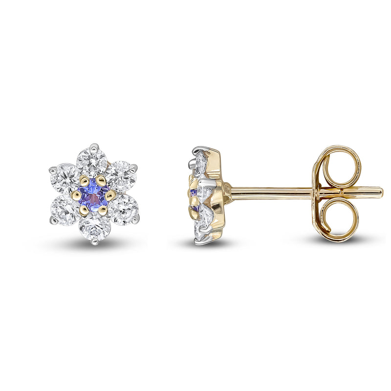 9ct Yellow Gold Round Natural Tanzanite & Diamond Claw Set Cluster Stud Earrings