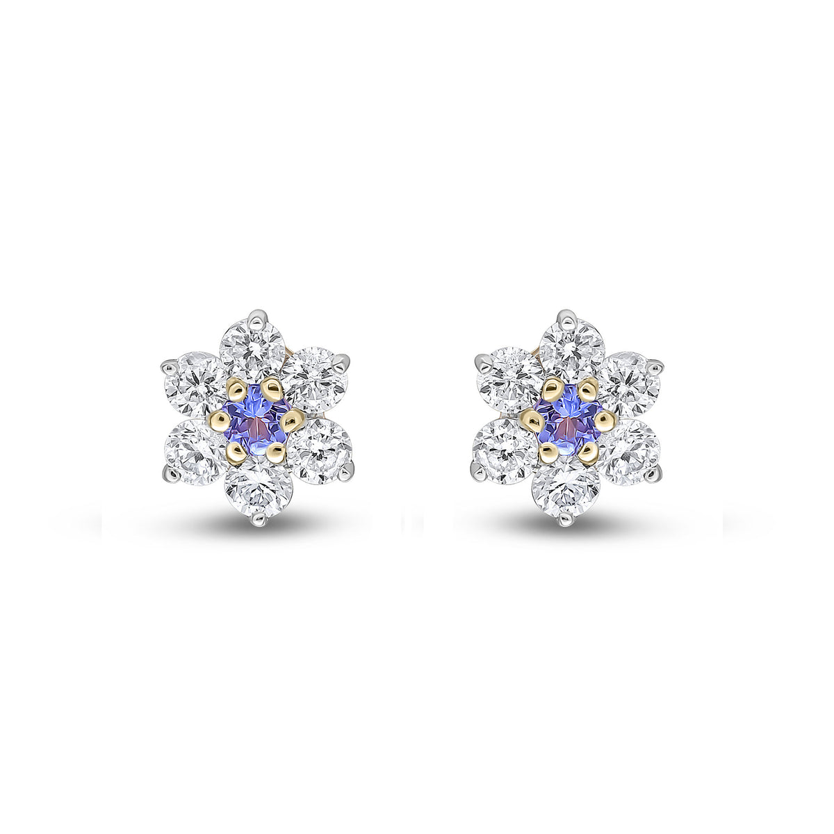 9ct Yellow Gold Round Natural Tanzanite & Diamond Claw Set Cluster Stud Earrings
