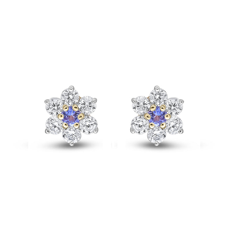 9ct Yellow Gold Round Natural Tanzanite & Diamond Claw Set Cluster Stud Earrings