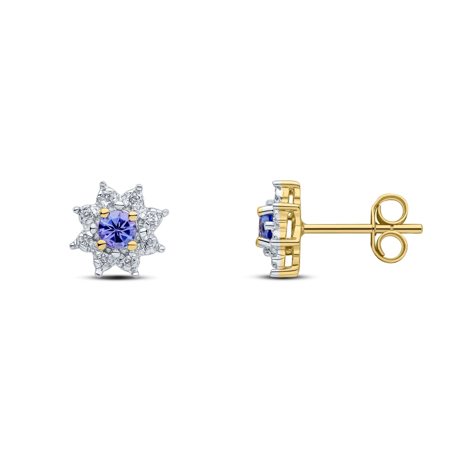 9ct Yellow Gold Round Natural Tanzanite and Diamond Cluster Earrings — 3mm