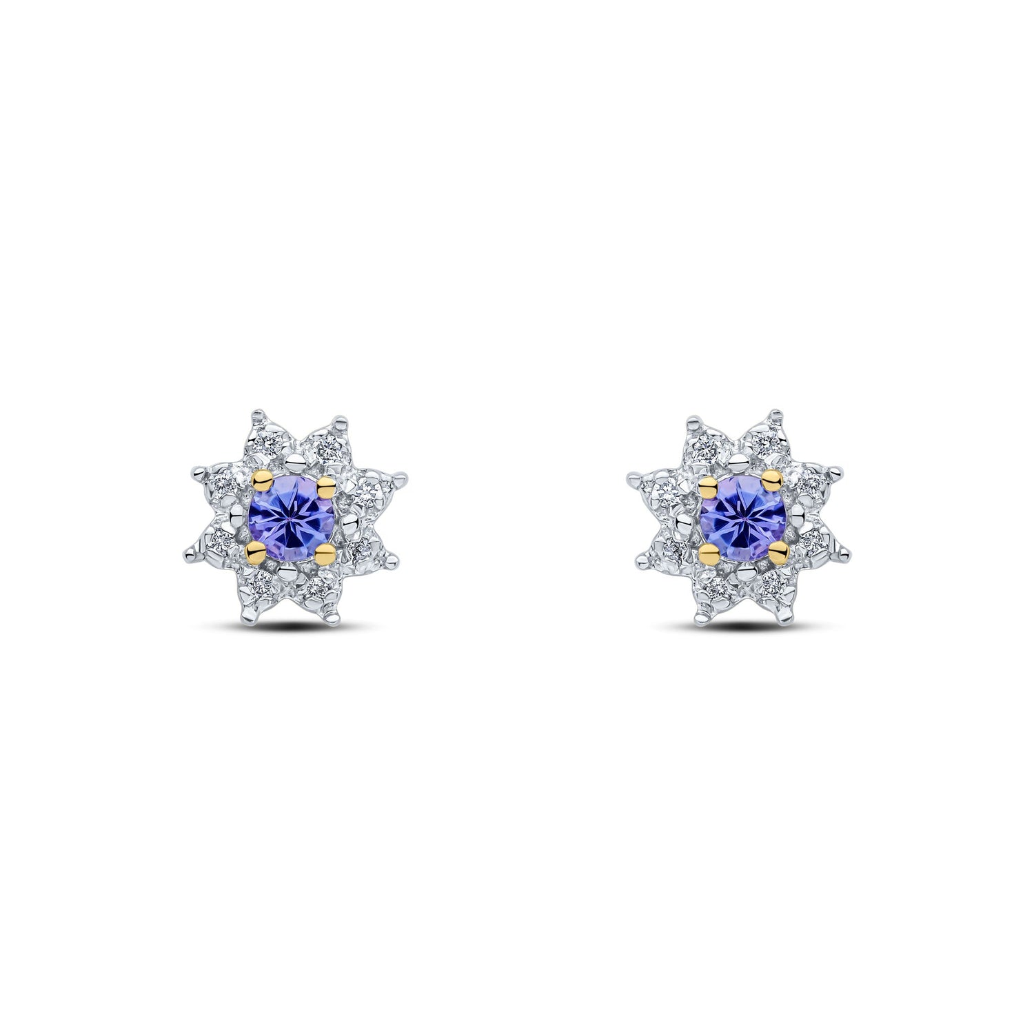 9ct Yellow Gold Round Natural Tanzanite and Diamond Cluster Earrings — 3mm