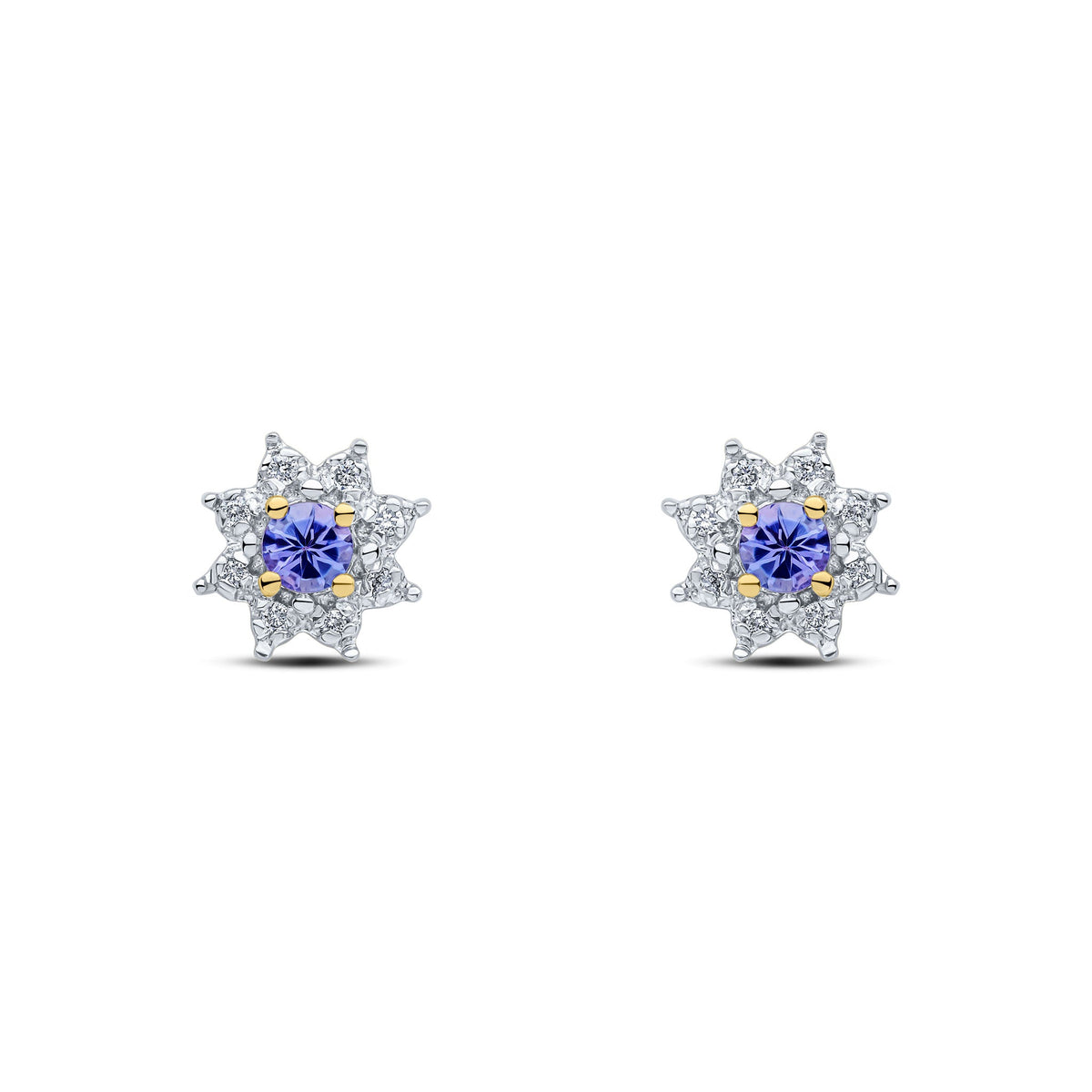 9ct Yellow Gold Round Natural Tanzanite & Diamond Claw Set Cluster Stud Earrings — 3mm