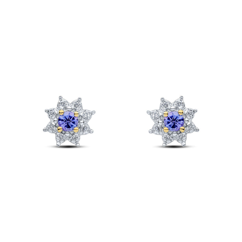 9ct Yellow Gold Round Natural Tanzanite & Diamond Claw Set Cluster Stud Earrings — 3mm