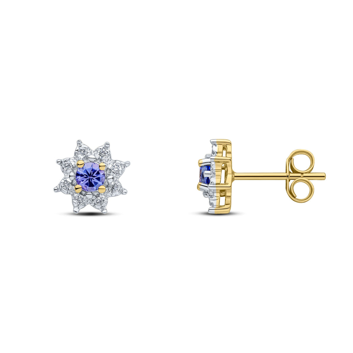 9ct Yellow Gold Round Natural Tanzanite & Diamond Claw Set Cluster Stud Earrings — 3mm