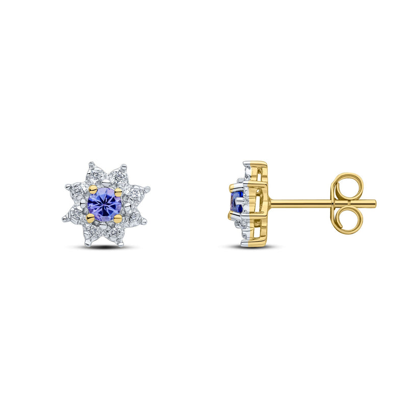 9ct Yellow Gold Round Natural Tanzanite & Diamond Claw Set Cluster Stud Earrings — 3mm