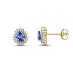9ct Yellow Gold Pear Shaped Natural Tanzanite & Diamond Claw Set Cluster Stud Earrings — 5x4mm