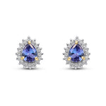 9ct Yellow Gold Pear Shaped Natural Tanzanite & Diamond Claw Set Cluster Stud Earrings — 5x4mm