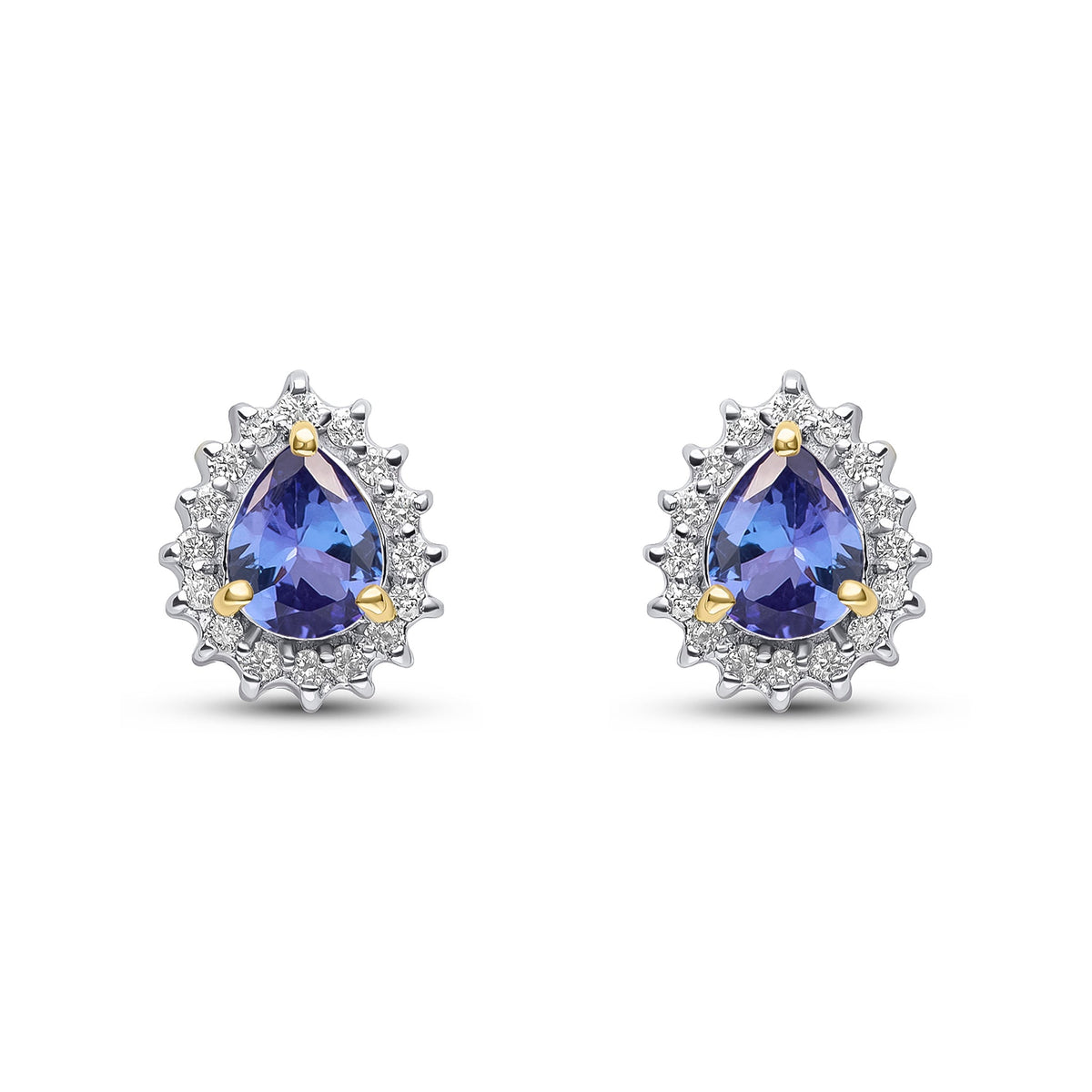 9ct Yellow Gold Pear Shaped Natural Tanzanite & Diamond Claw Set Cluster Stud Earrings — 5x4mm