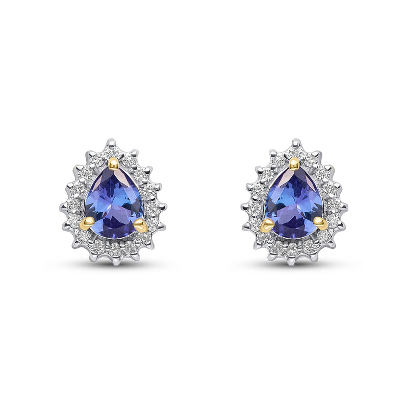9ct Yellow Gold Pear Shaped Natural Tanzanite & Diamond Claw Set Cluster Stud Earrings — 5x4mm