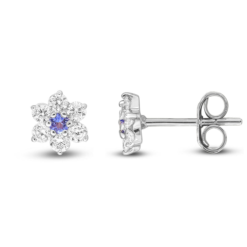 9ct White Gold Round Natural Tanzanite & Diamond Claw Set Cluster Stud Earrings
