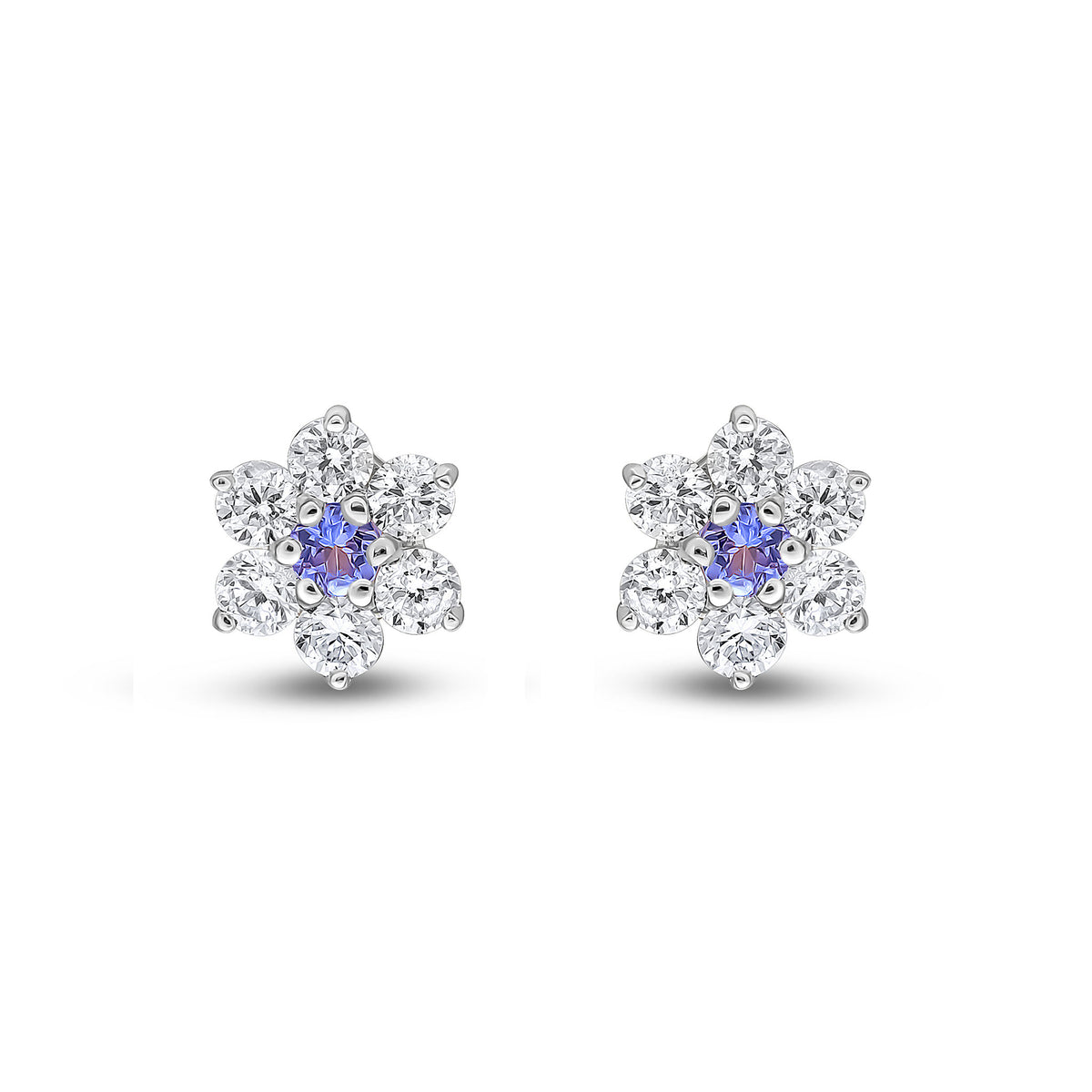 9ct White Gold Round Natural Tanzanite & Diamond Claw Set Cluster Stud Earrings