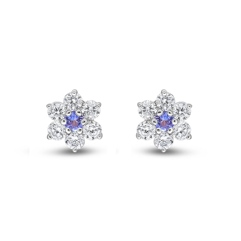 9ct White Gold Round Natural Tanzanite & Diamond Claw Set Cluster Stud Earrings