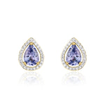 9ct Yellow Gold Pear Shaped Natural Tanzanite & Diamond Halo Cluster Stud Earrings — 7x5mm