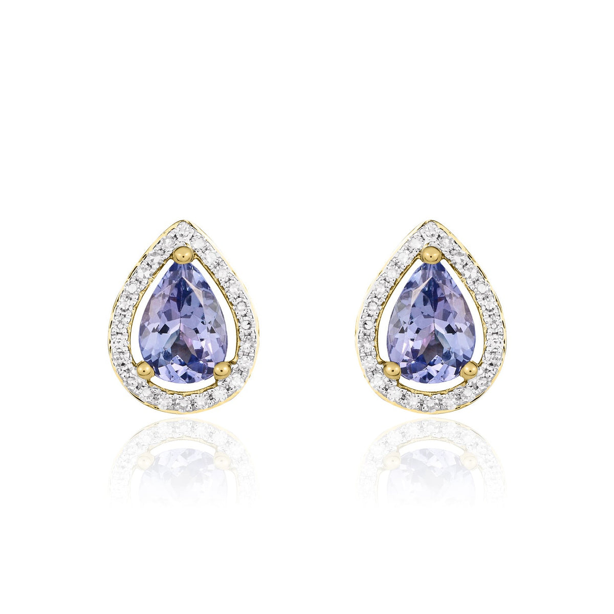 9ct Yellow Gold Pear Shaped Natural Tanzanite & Diamond Halo Cluster Stud Earrings — 7x5mm