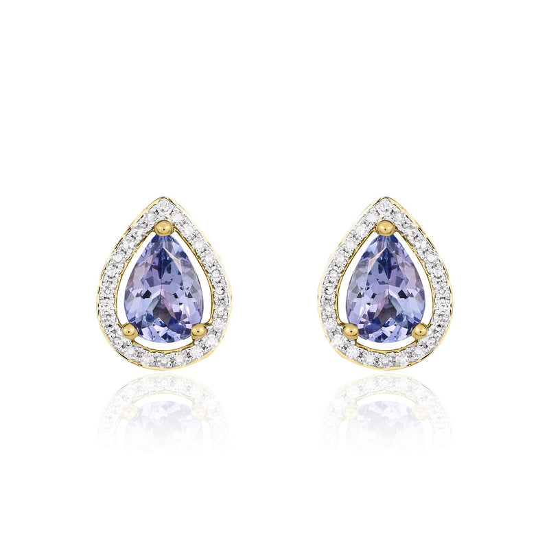 9ct Yellow Gold Pear Shaped Natural Tanzanite & Diamond Halo Cluster Stud Earrings — 7x5mm