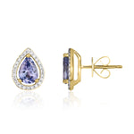 9ct Yellow Gold Pear Shaped Natural Tanzanite & Diamond Halo Cluster Stud Earrings — 7x5mm