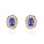 9ct Yellow Gold Oval Natural Tanzanite & Diamond Rope Edge Cluster Stud Earrings — 6x4mm