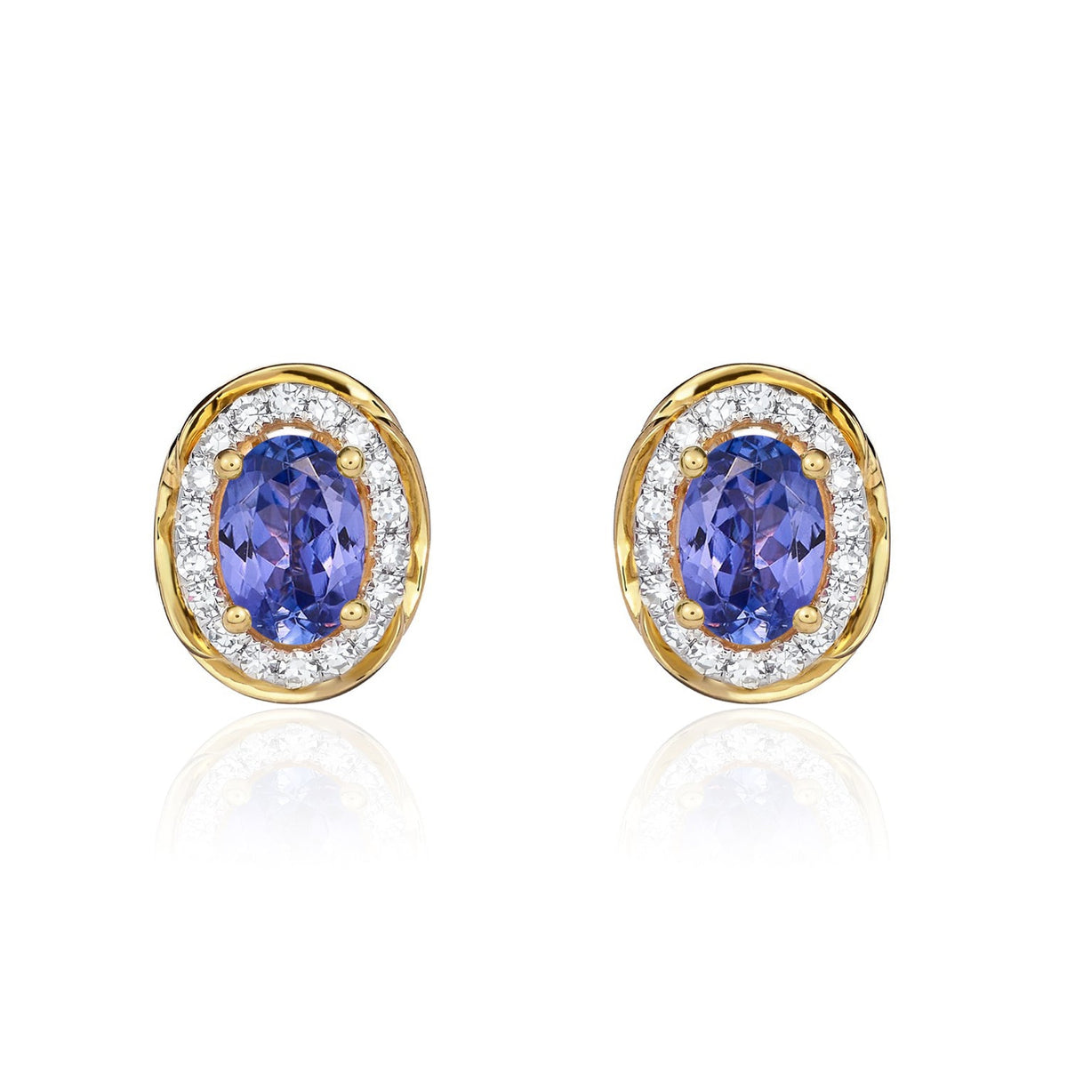 9ct Yellow Gold Oval Natural Tanzanite & Diamond Rope Edge Cluster Stud Earrings — 6x4mm