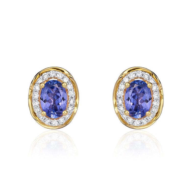 9ct Yellow Gold Oval Natural Tanzanite & Diamond Rope Edge Cluster Stud Earrings — 6x4mm