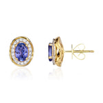 9ct Yellow Gold Oval Natural Tanzanite & Diamond Rope Edge Cluster Stud Earrings — 6x4mm