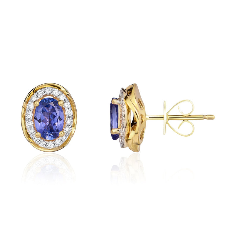 9ct Yellow Gold Oval Natural Tanzanite & Diamond Rope Edge Cluster Stud Earrings — 6x4mm
