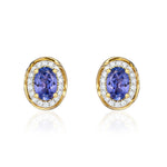 9ct Yellow Gold Oval Natural Tanzanite & Diamond Rope Edge Cluster Stud Earrings — 7x5mm