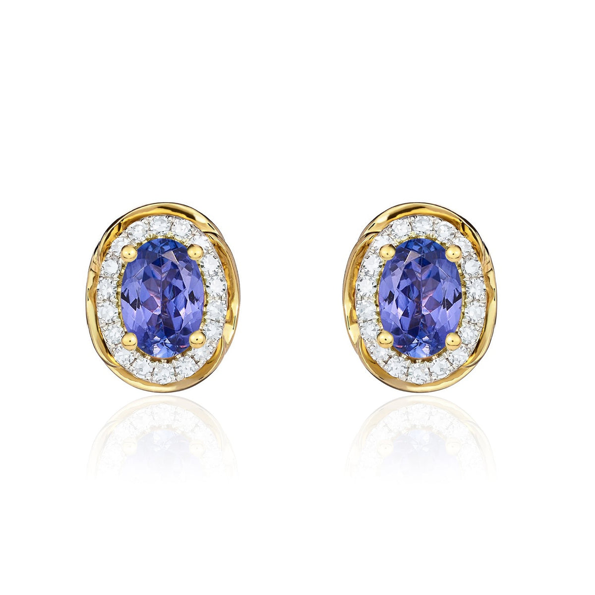 9ct Yellow Gold Oval Natural Tanzanite & Diamond Rope Edge Cluster Stud Earrings — 7x5mm