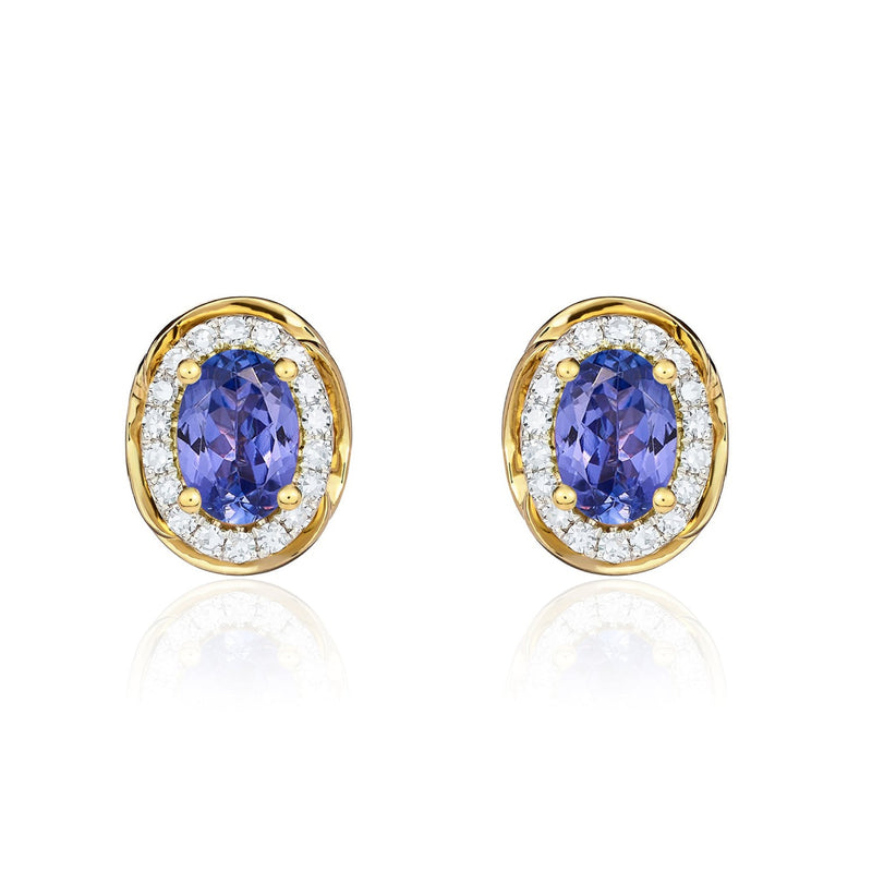 9ct Yellow Gold Oval Natural Tanzanite & Diamond Rope Edge Cluster Stud Earrings — 7x5mm