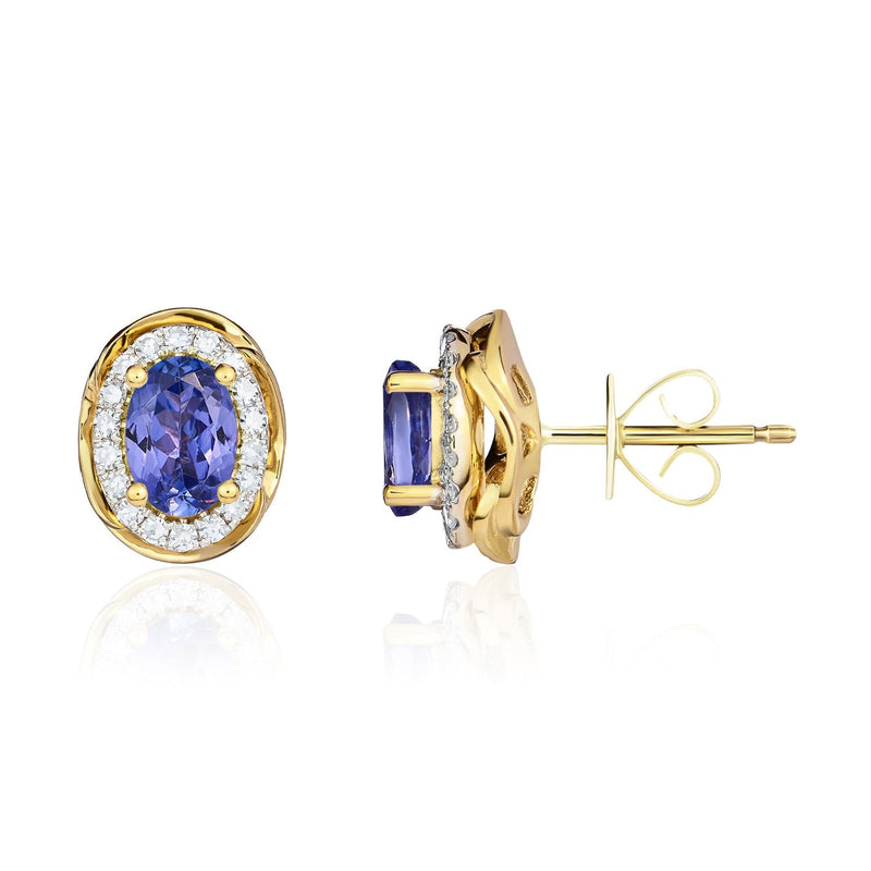 9ct Yellow Gold Oval Natural Tanzanite & Diamond Rope Edge Cluster Stud Earrings — 7x5mm