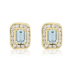 9ct Yellow Gold Octagonal Natural Aquamarine & Diamond Claw Set Cluster Stud Earrings — 5x3mm